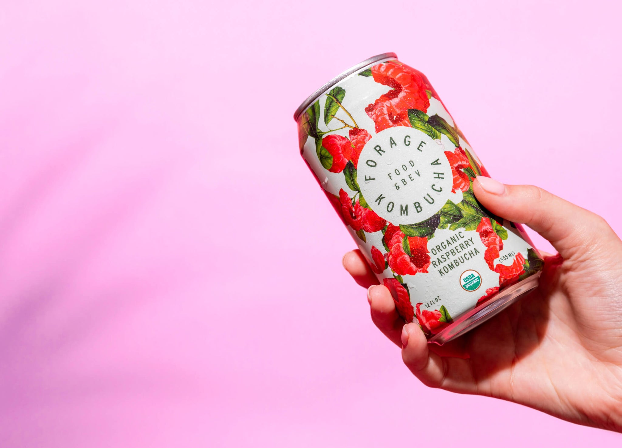 A can of Forage Kombucha held in front of a pink backdrop.